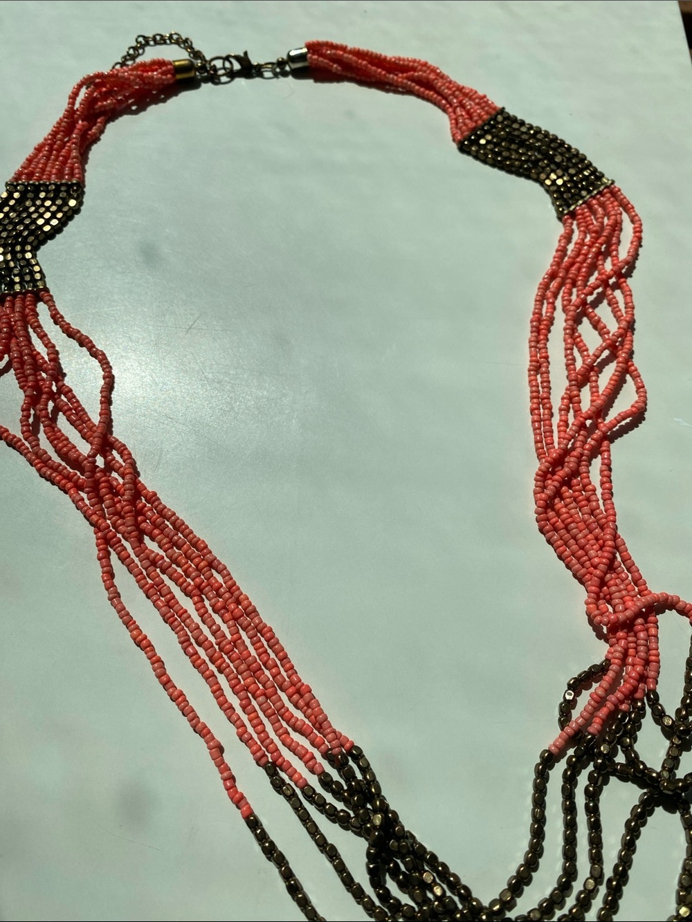 Neon Coral Colored and Gold Toned Multi Strand Seed beaded 32” long necklace